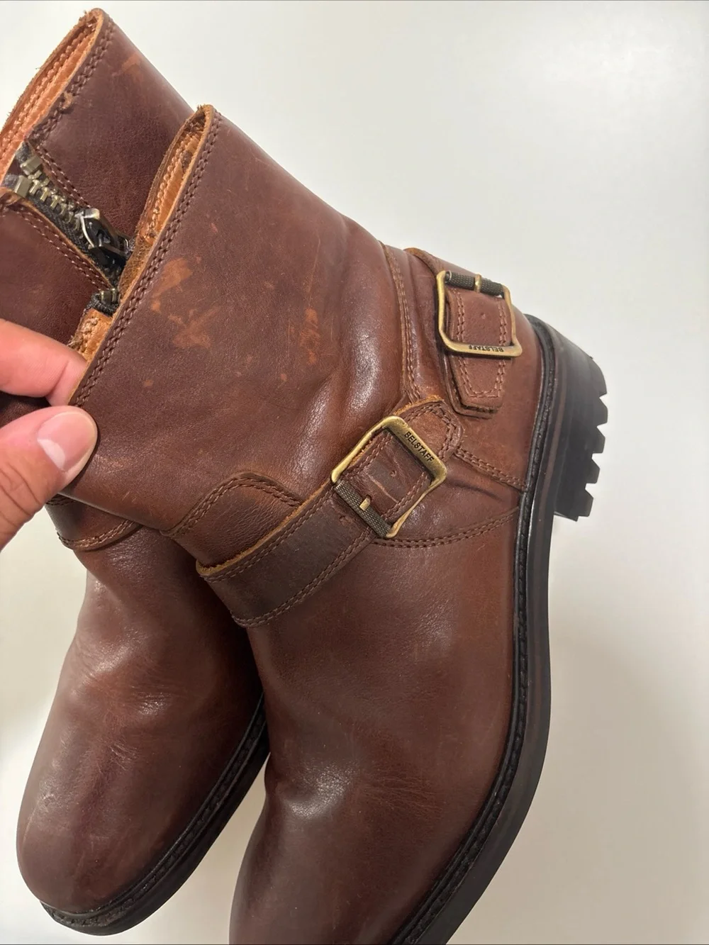 Mens Belstaff brown leather biker metal strap mid high boots size 9.5
